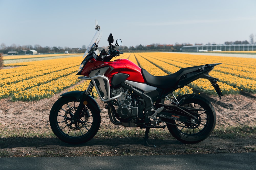 a red motorcycle parked in front of a field of flowers