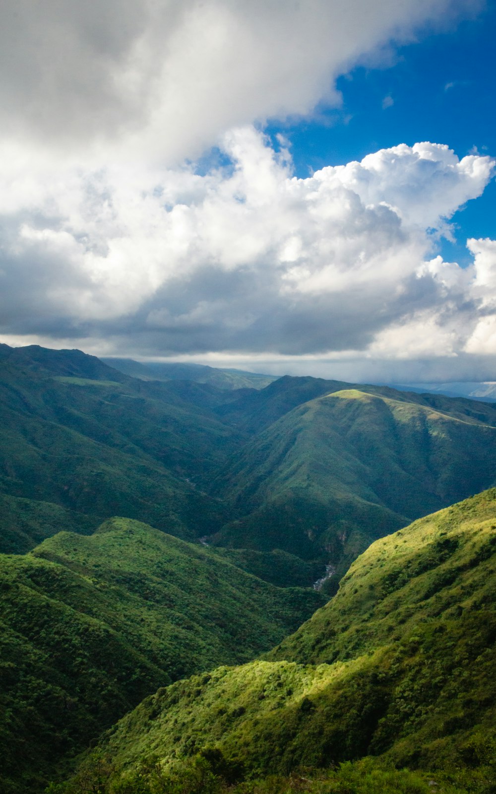 a scenic view of a valley and mountains under a cloudy sky