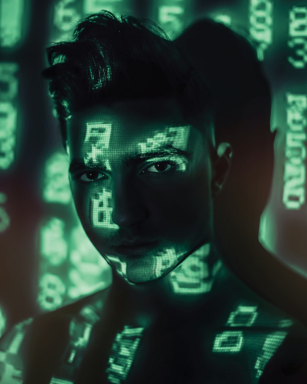 a man with glowing numbers on his face