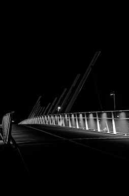 A sleek, black-and-white photo of a modern infrastructure project under construction at dusk.