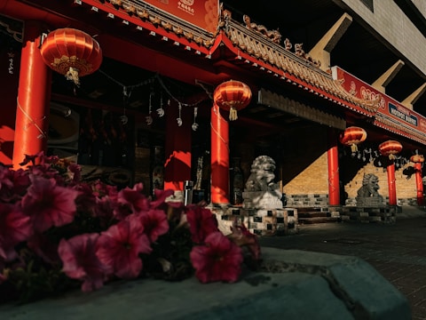 A traditional Chinese architectural setting with ornate decorations and vibrant red lanterns hanging from the roof. Stone lion statues flank the entrance, and blooming flowers are visible in the foreground. The scene suggests a warm, inviting atmosphere.