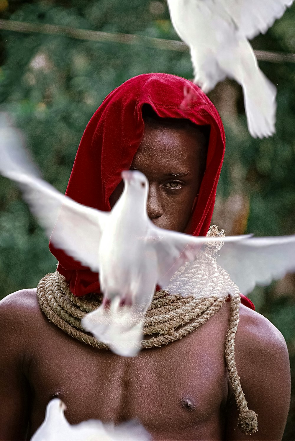 a man in a red headdress with a white bird on his shoulder