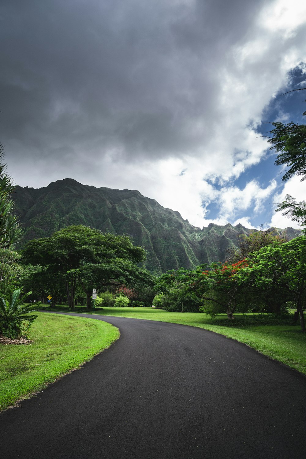 a black paved road with a mountain in the background