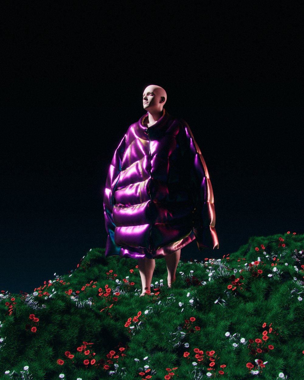 a man standing on top of a lush green field