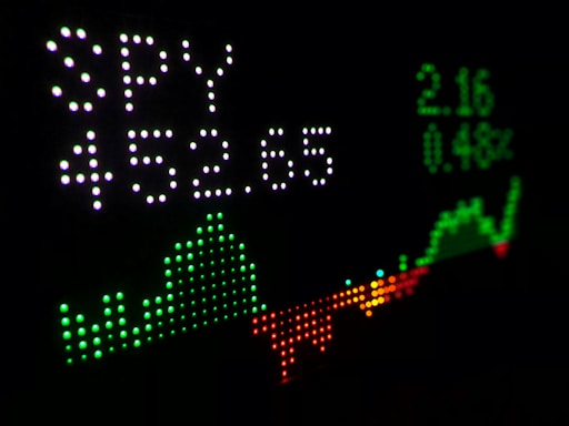 A digital stock market ticker displaying the SPY index value at 452.65, alongside a graphical representation of market performance with green and red indicators. The numbers 2.16 and 0.48% suggest a percentage change. The image uses bright LED-like dots for visual impact against a dark background.
