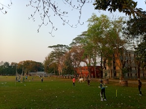 A multi-purpose sports field with people engaging in various activities.