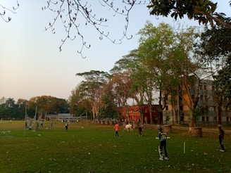 A multi-purpose sports field with people engaging in various activities.