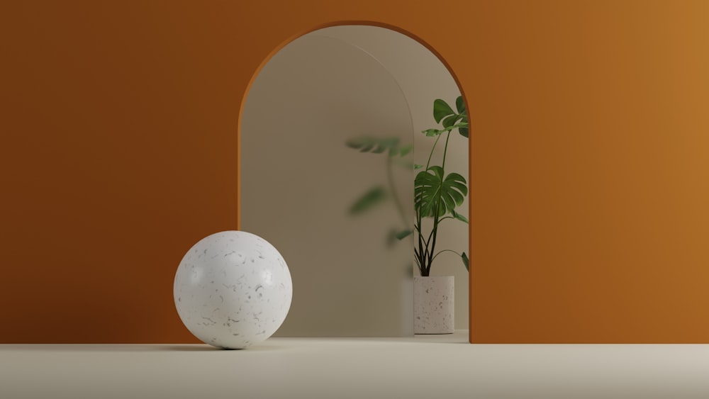 un vase blanc avec une plante à côté d’un miroir