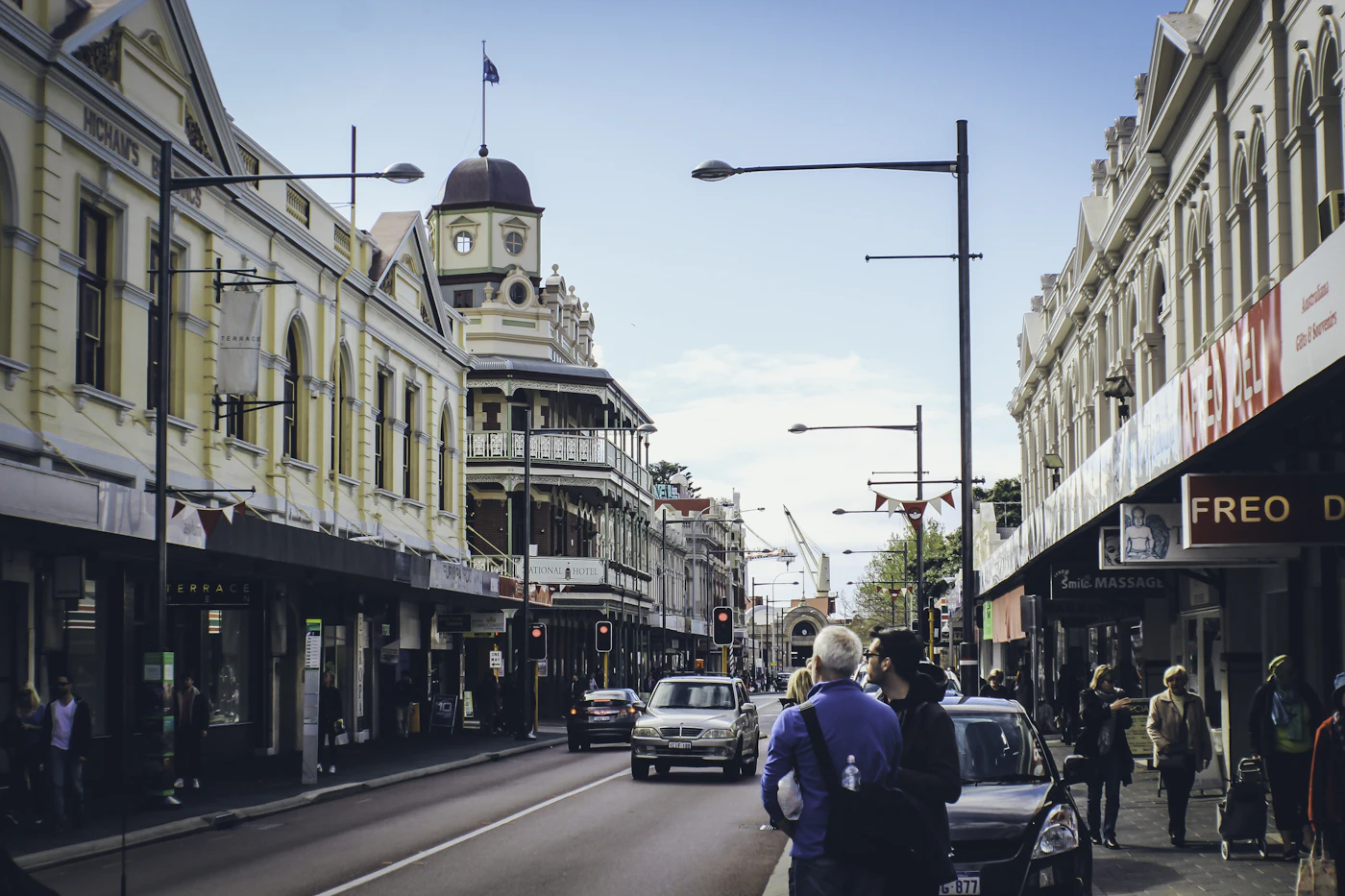 Heritage buildings lining a street in Fremantle's West End