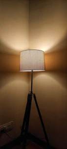 A sleek tripod standing lamp casting soft light in a minimalist living room with neutral tones.