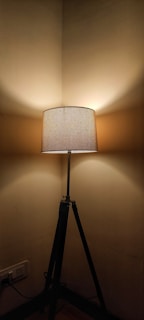 A sleek black tripod floor lamp casting a warm glow in a cozy Scandinavian living room corner.