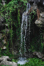 a small waterfall in the middle of a lush green forest