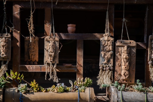 Wooden panels hang on a rustic wooden frame, depicting intricate carvings of human figures and abstract designs. Below the panels, a variety of succulents are planted in wooden containers, adding greenery to the scene. The overall setup has a natural and artistic appeal.