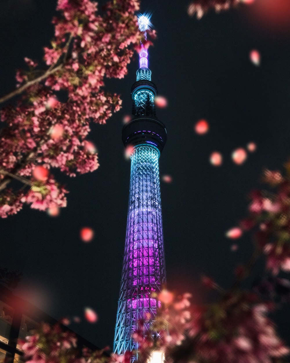 the tokyo tower is lit up at night
