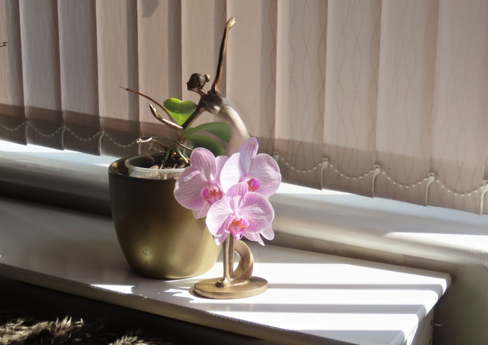 a vase with a flower in it sitting on a window sill