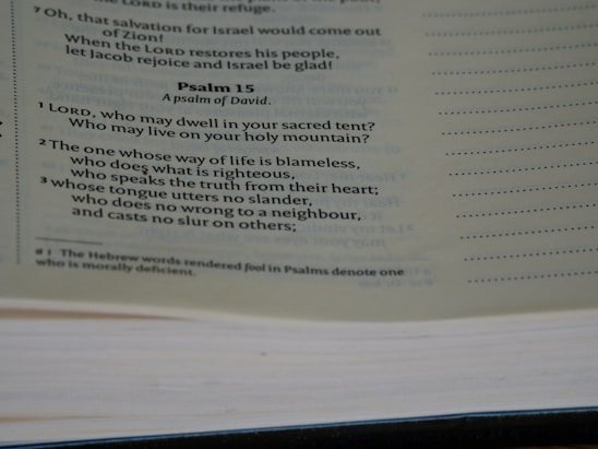 A close-up view of a page from a Bible, featuring Psalm 15 prominently. The text discusses themes of righteousness and moral behavior. The page is slightly tilted, with visible text and a notation at the bottom explaining a translation choice.