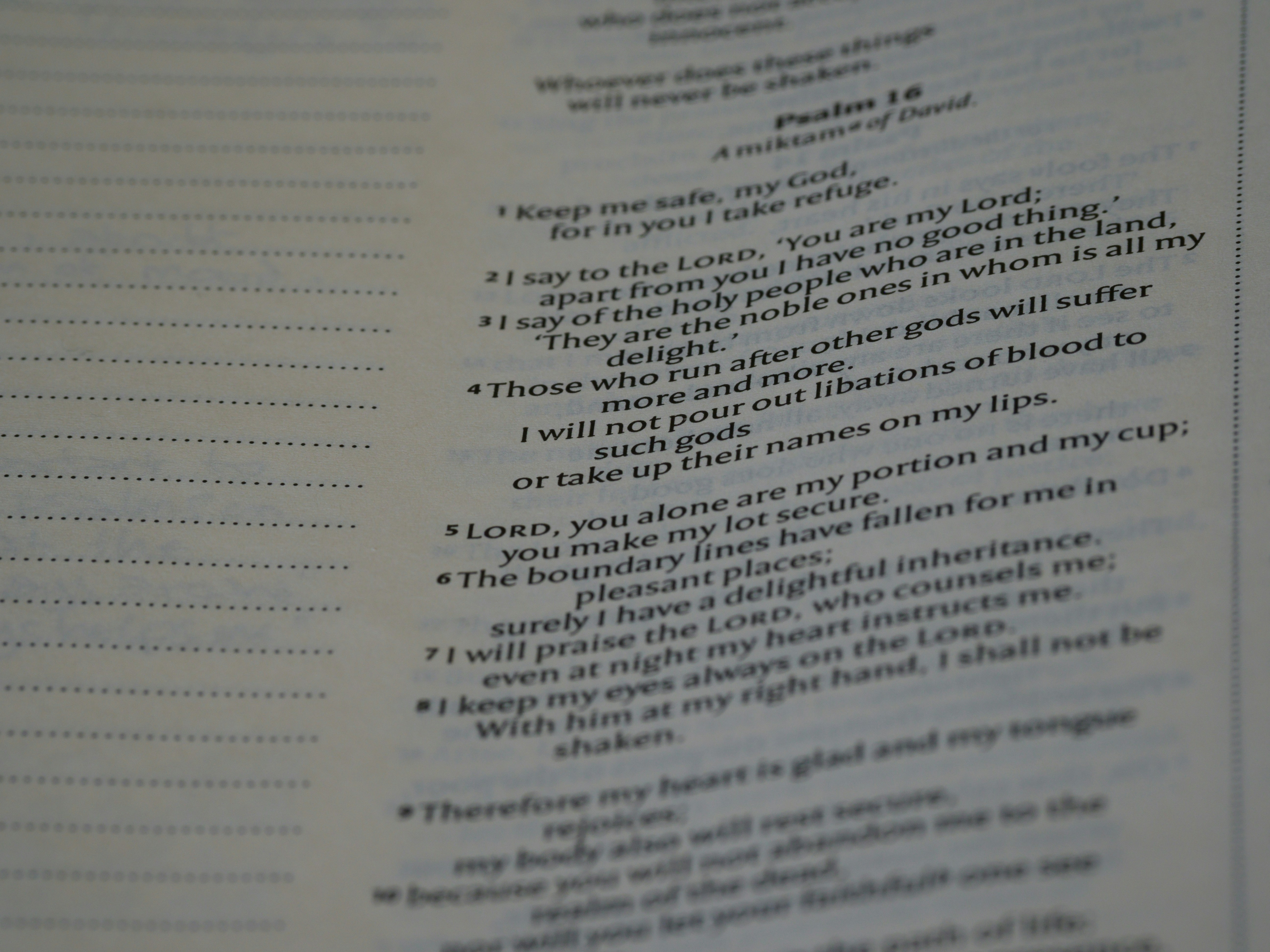 close up, bokeh, macro, blur, blurred background, close focus, bible, old testament, hebrew bible, christian, judaism, history, text, reading, bible study, devotions, text, NIV, New International Version, type, typography, canon, christianity, holy scripture, holy bible, scripture, old testament, hebrew bible, תְּהִלִּים, psalms, psalter, ketuvim, writings, tanakh, king david, <br />
