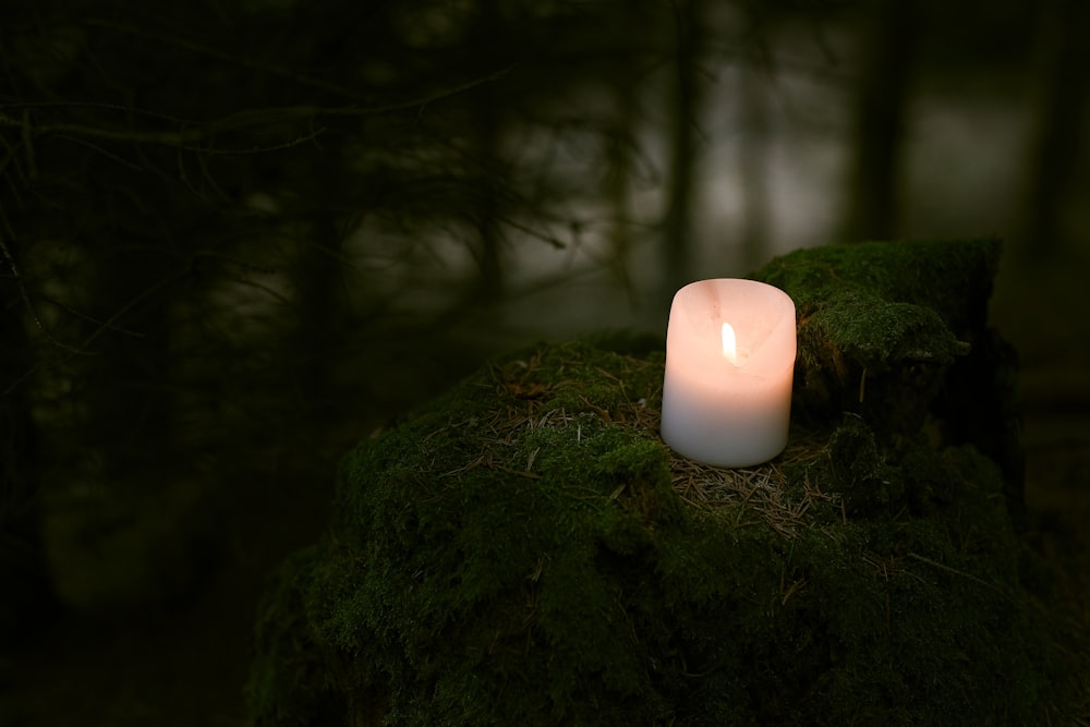 a lit candle sitting on top of a moss covered rock