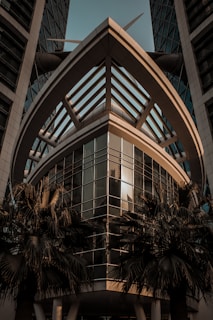 A modern architectural structure with a distinctive triangular design, featuring large glass windows and metal framework. The structure is flanked by palm trees, creating a contrast between urban and natural elements. The perspective is upward looking, accentuating the height and angles of the building.