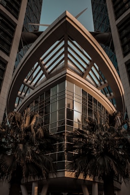 A modern architectural structure with a distinctive triangular design, featuring large glass windows and metal framework. The structure is flanked by palm trees, creating a contrast between urban and natural elements. The perspective is upward looking, accentuating the height and angles of the building.