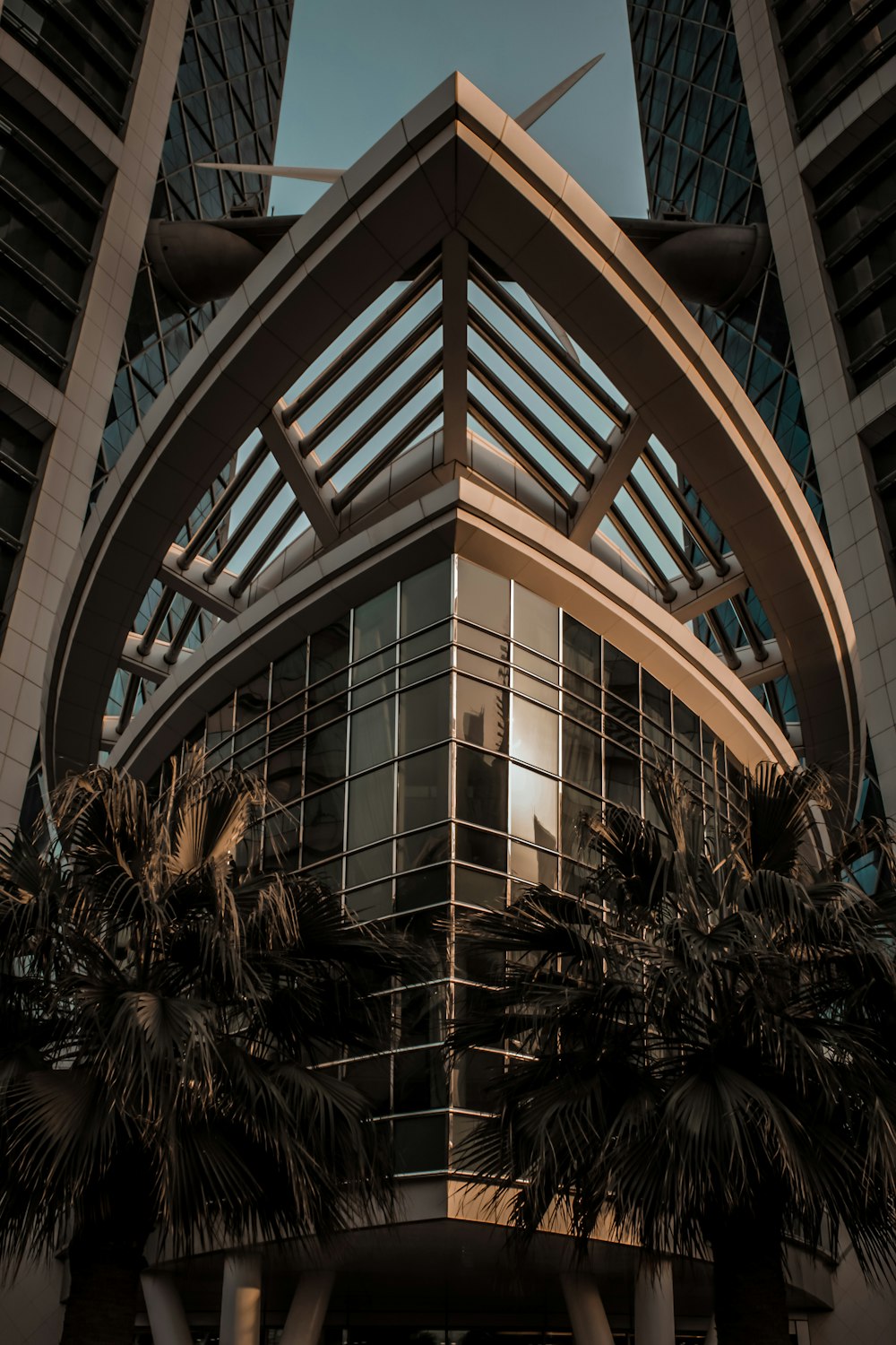 a tall building with palm trees in front of it