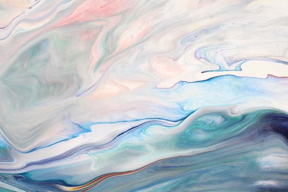 an abstract painting with blue, pink, and white colors