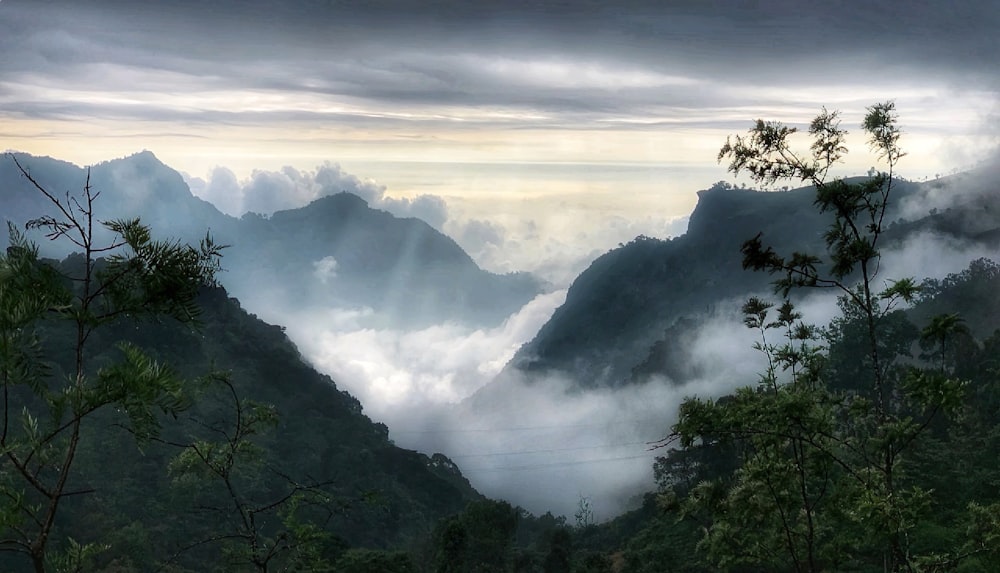 a view of a mountain range covered in clouds