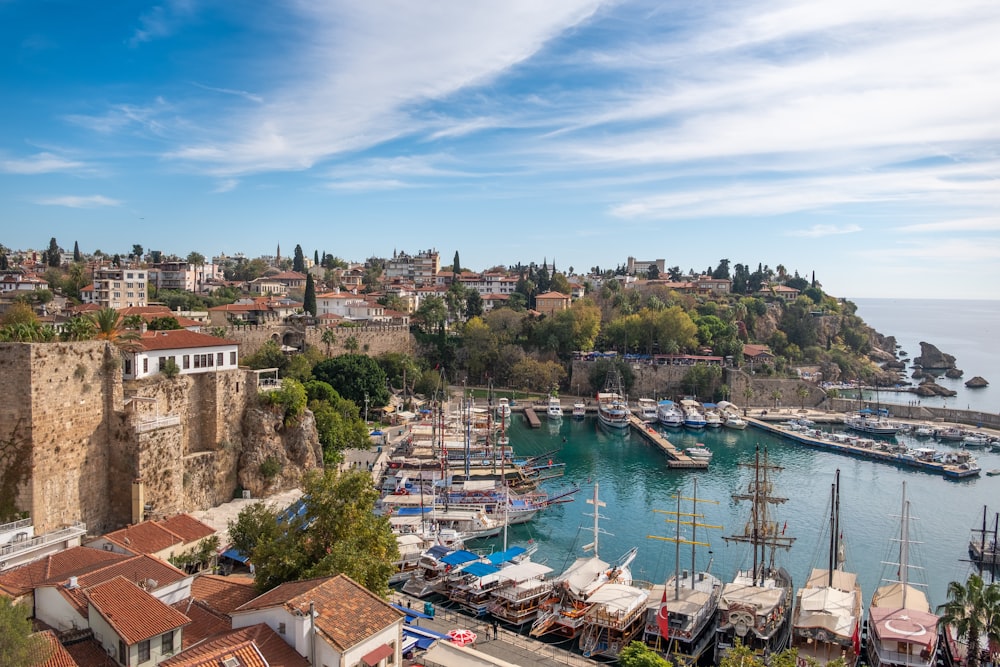 a harbor filled with lots of boats next to a city