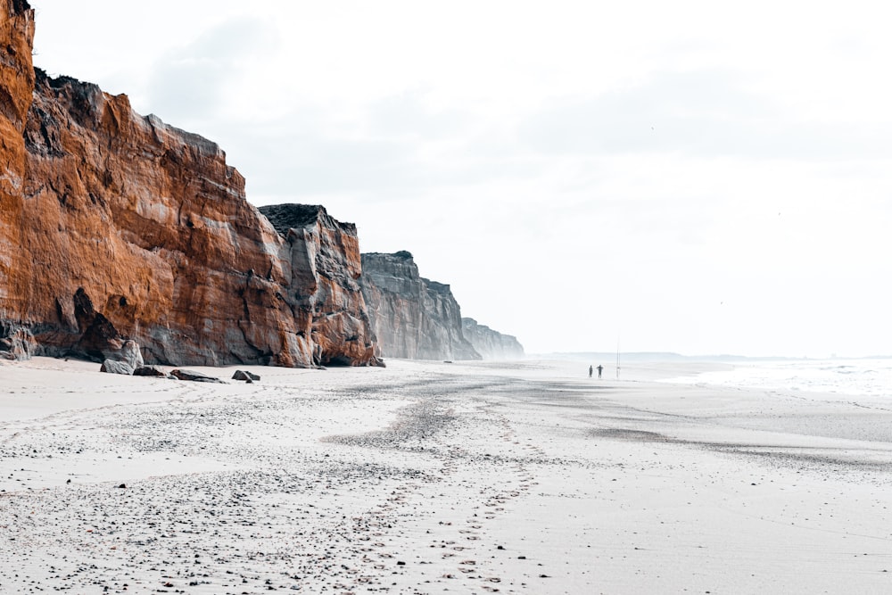 a couple of people walking on a beach next to a cliff