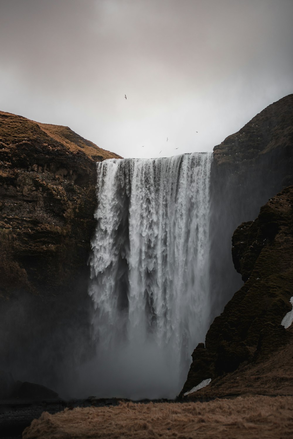a large waterfall with a bird flying over it
