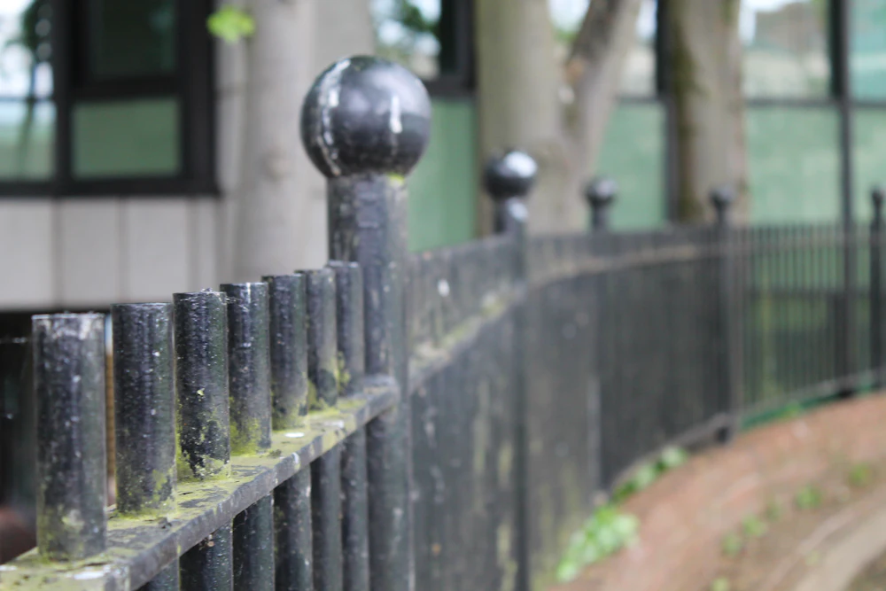 Black iron fence with ball finials beside a building