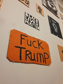 A collection of protest signs on a wall, including one prominently featuring an orange cardboard with bold black text expressing opposition to Trump. Other signs display messages like 'Black Lives Matter' and feature symbolic imagery such as a raised fist.