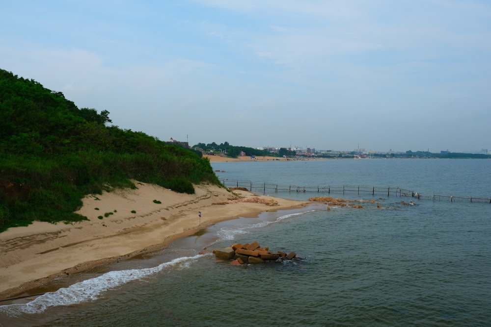 a body of water next to a sandy beach