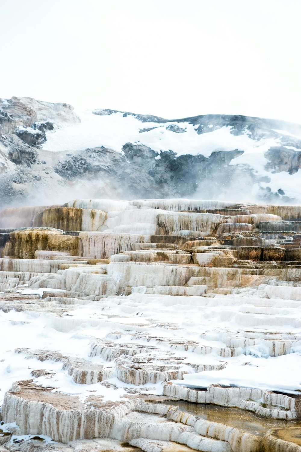 a group of hot springs surrounded by snow covered mountains