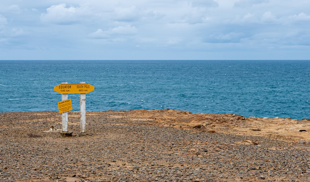 a couple of yellow signs sitting on top of a rocky beach
