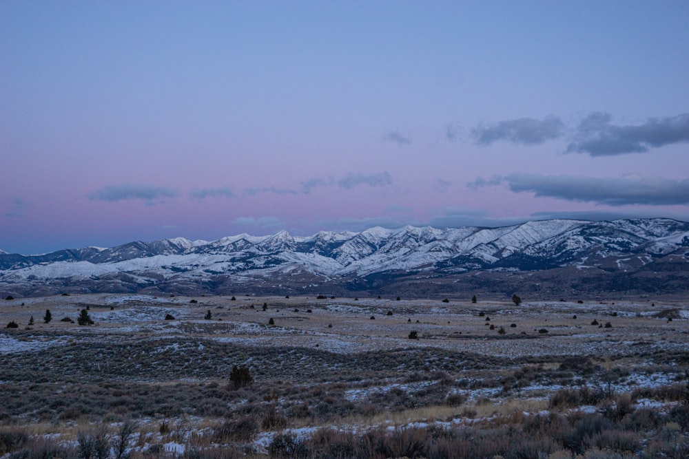 a snowy mountain range in the distance