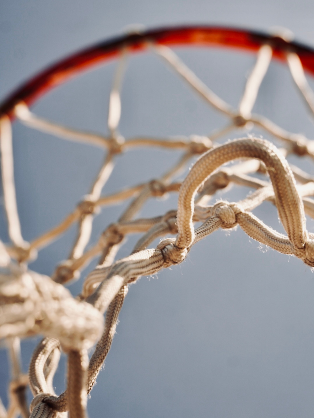 a close up of a basketball net with a blue sky in the background