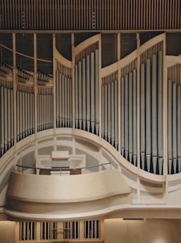 An elaborate and large pipe organ with a curving design, showcasing numerous vertical pipes arranged in an artistic and symmetrical pattern. The organ is set within a wooden structure, emphasizing its grandeur and craftsmanship.