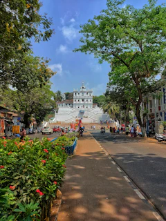 a street lined with lots of trees and flowers