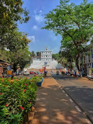 a street lined with lots of trees and flowers