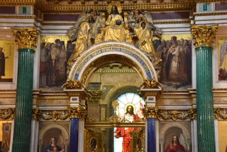 a church with a large painting on the wall