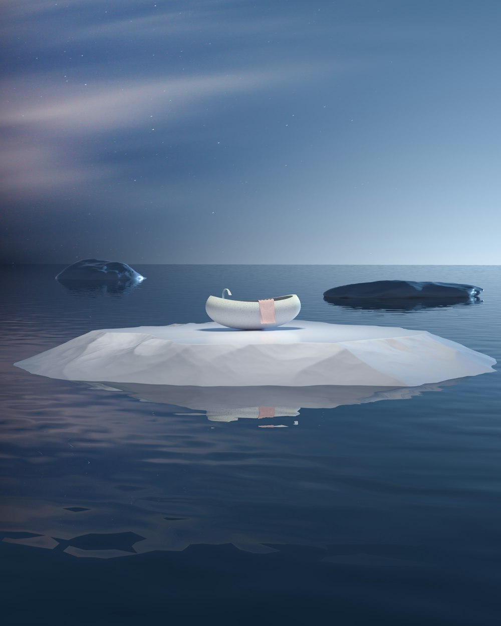 a person laying on an iceberg in the middle of the ocean