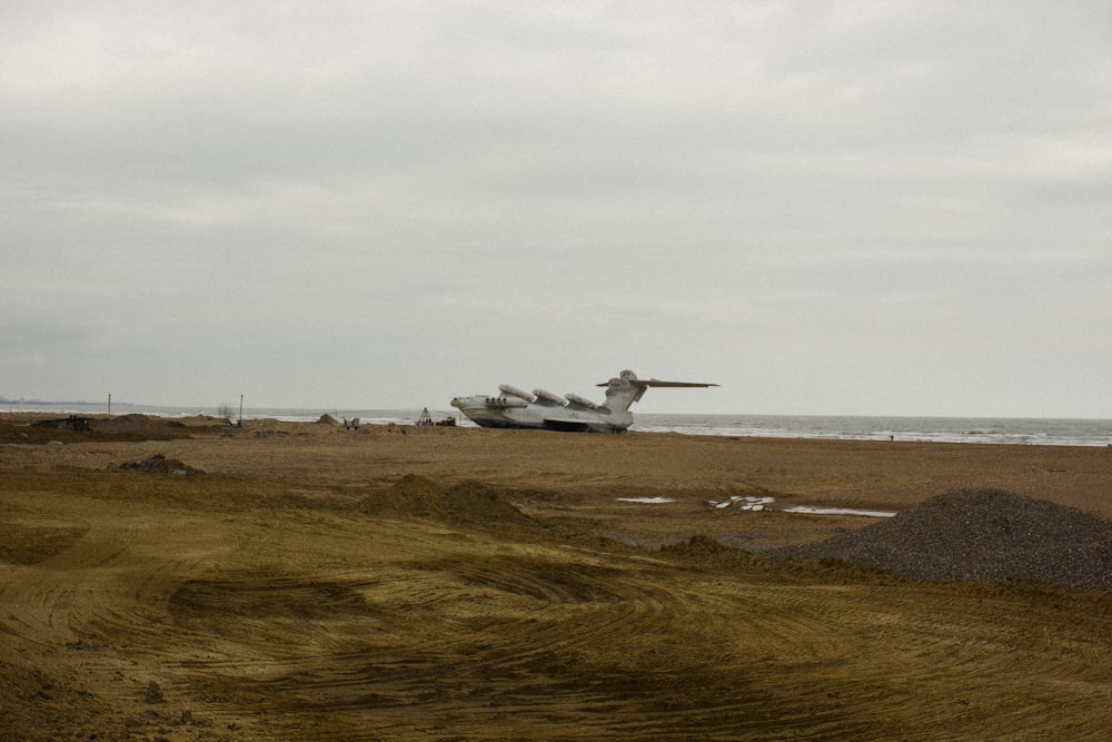 Ein großes Flugzeug sitzt auf einem Sandstrand