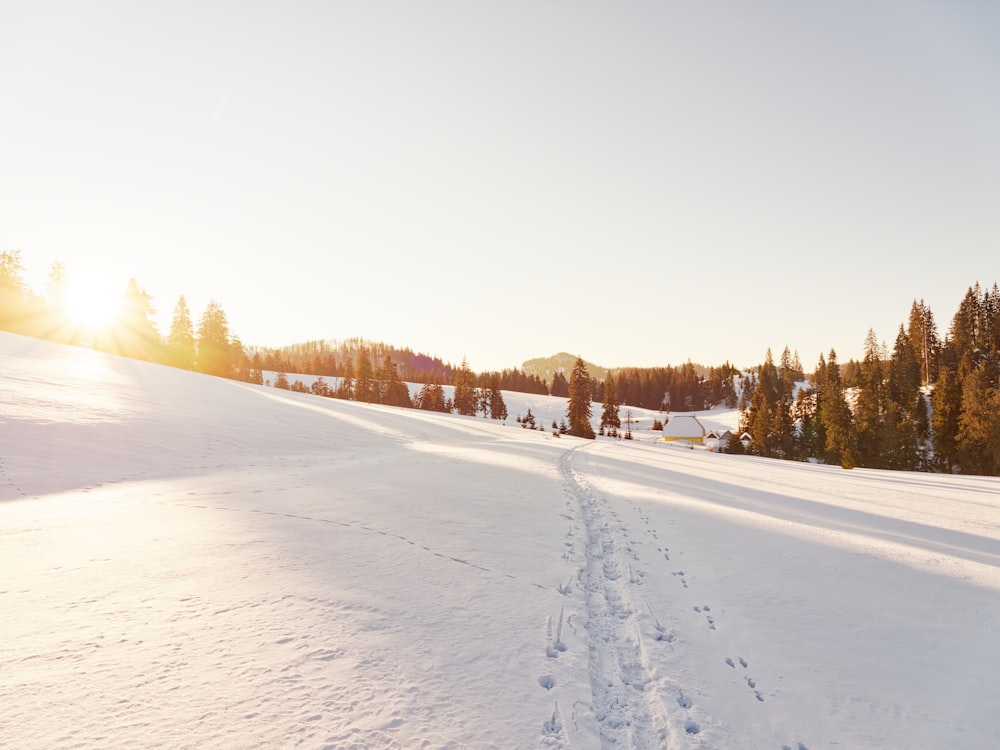 a person riding a snowboard down a snow covered slope