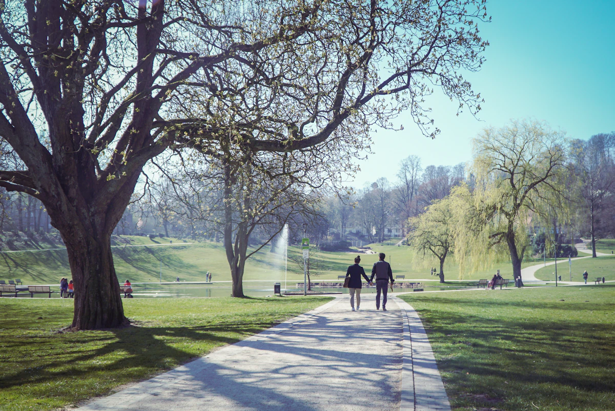 Zwei Menschen gehen gemeinsam auf einem Weg durch einen Park