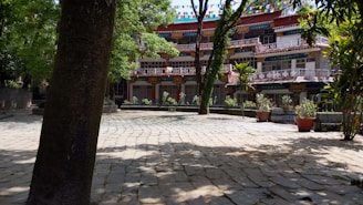 A traditional building with colorful, intricate detailing and balconies is surrounded by lush green trees. The courtyard is paved with large stone tiles, and there are potted plants strategically placed around it. Bright prayer flags are strung above, adding vibrant colors to the scene.