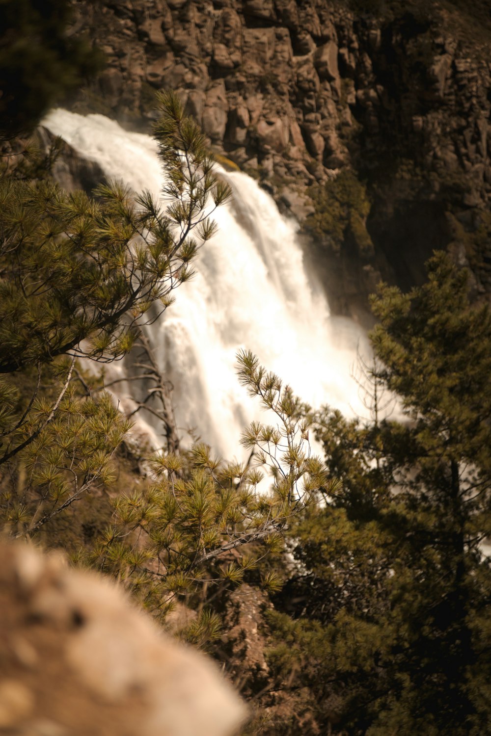 a view of a waterfall through the trees