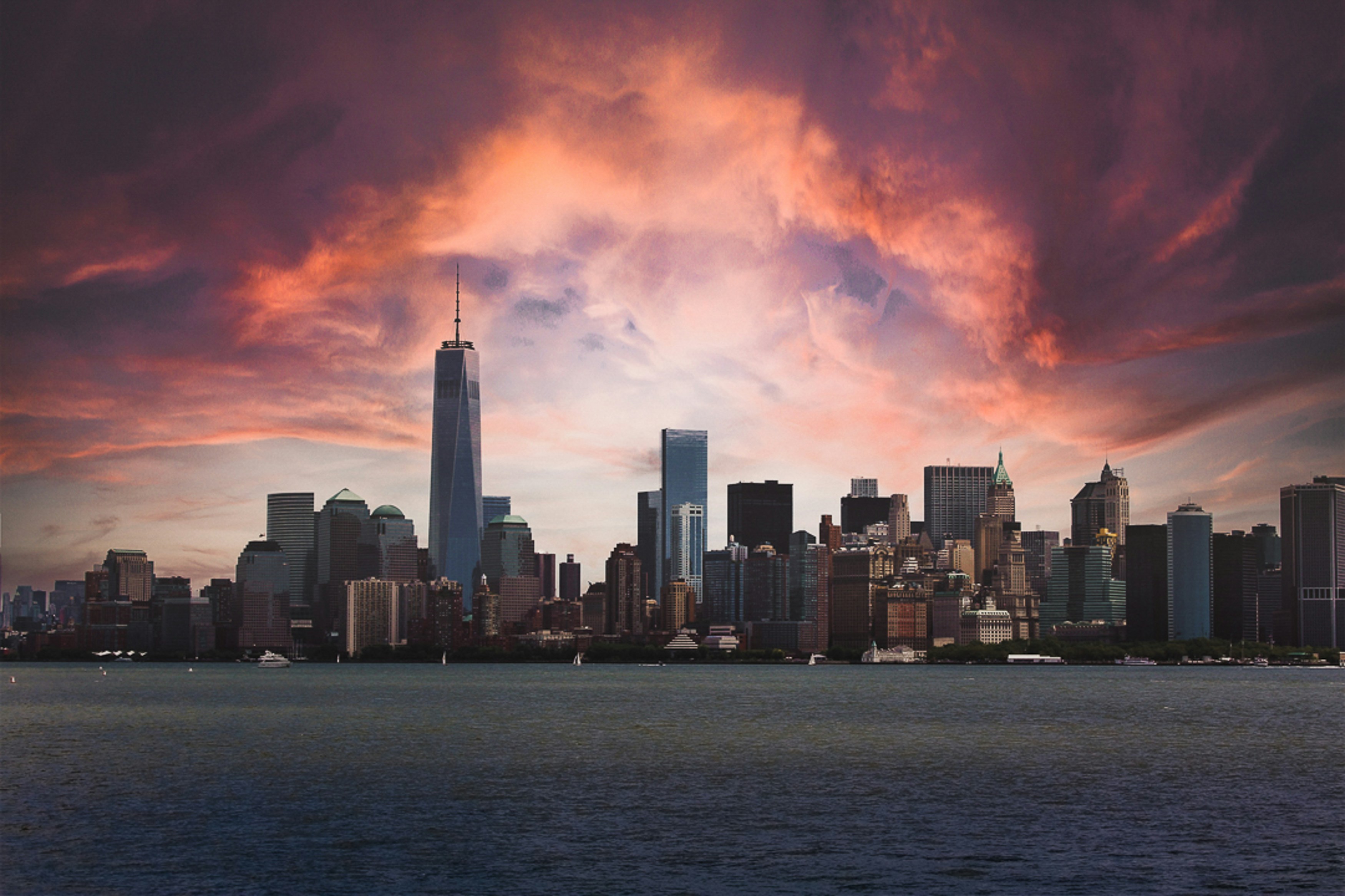 New York City skyline at sunset from the water