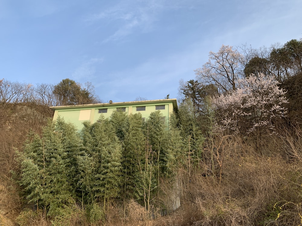 a green building sitting on top of a lush green hillside
