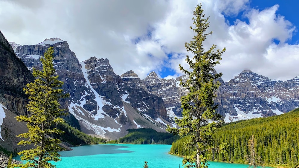 um lago azul cercado por montanhas e árvores